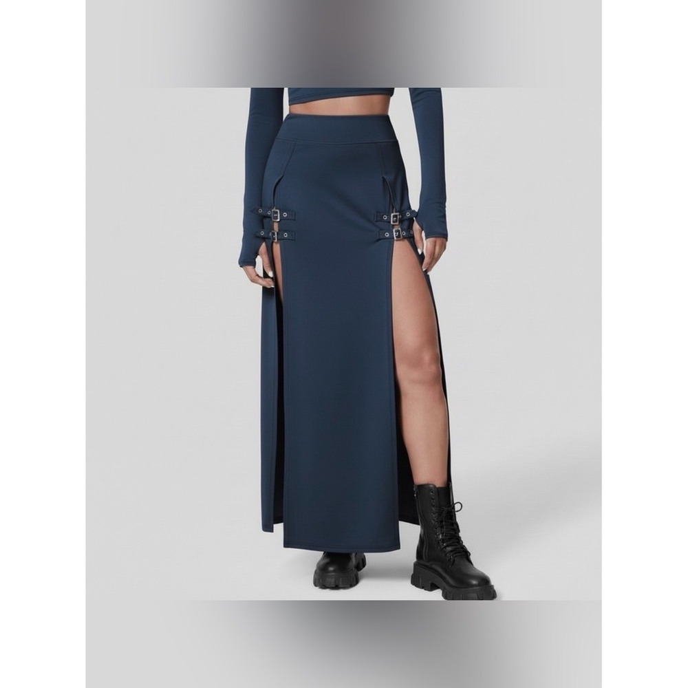 Halara High Waisted Decorative Buckle 2 in-1 Maxi Casual Maxi Skirt Navy‎ XS NEW